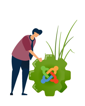 Ein Mann dreht an einem Zahnrad als Synonym f&uuml;r Joomla Wartung